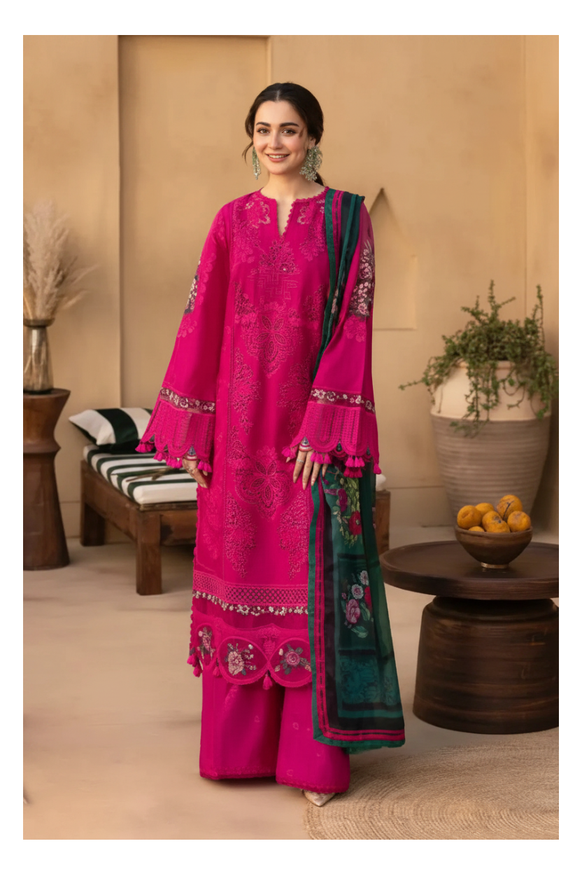 Its 3 piece unstitched  Chikenkari Dhanak Embroidered Dress IR-45